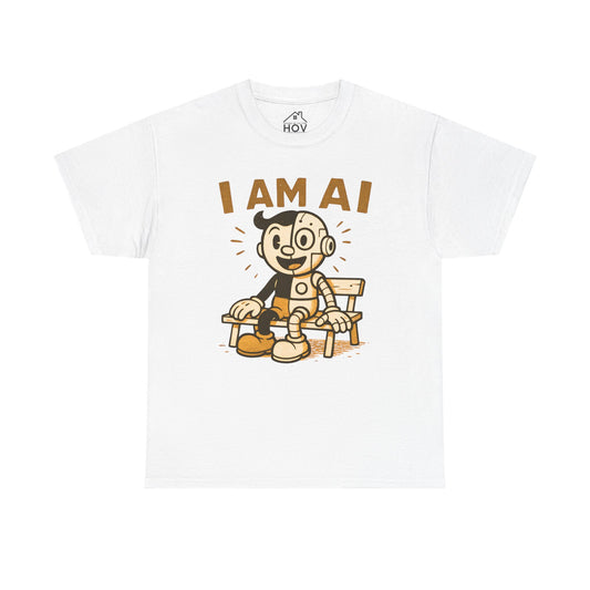 I AM AI Graphic Tee – Retro Robot Design, Unisex Heavy Cotton Shirt