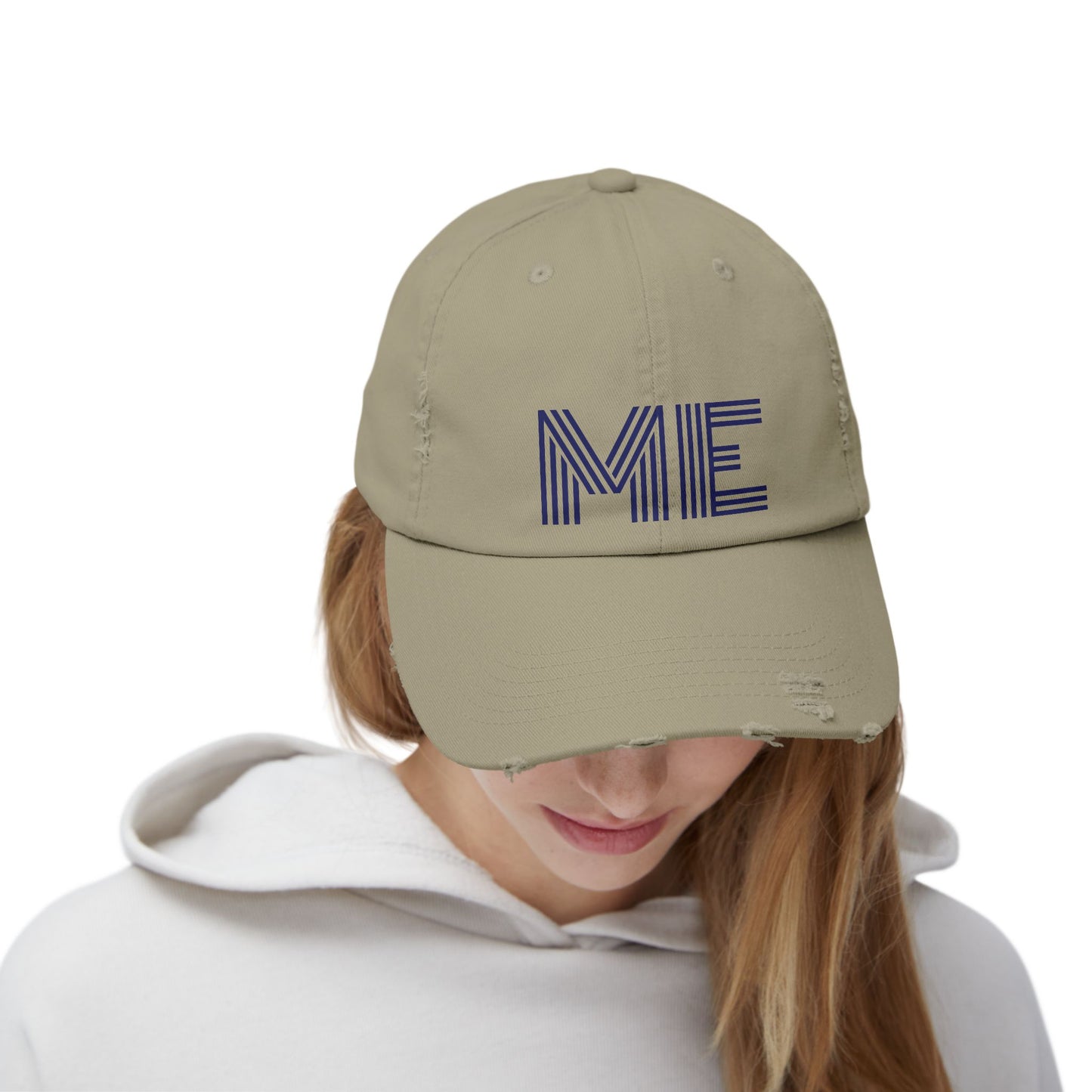 Unisex Distressed Cap – Minimalist “ME” Statement Hat