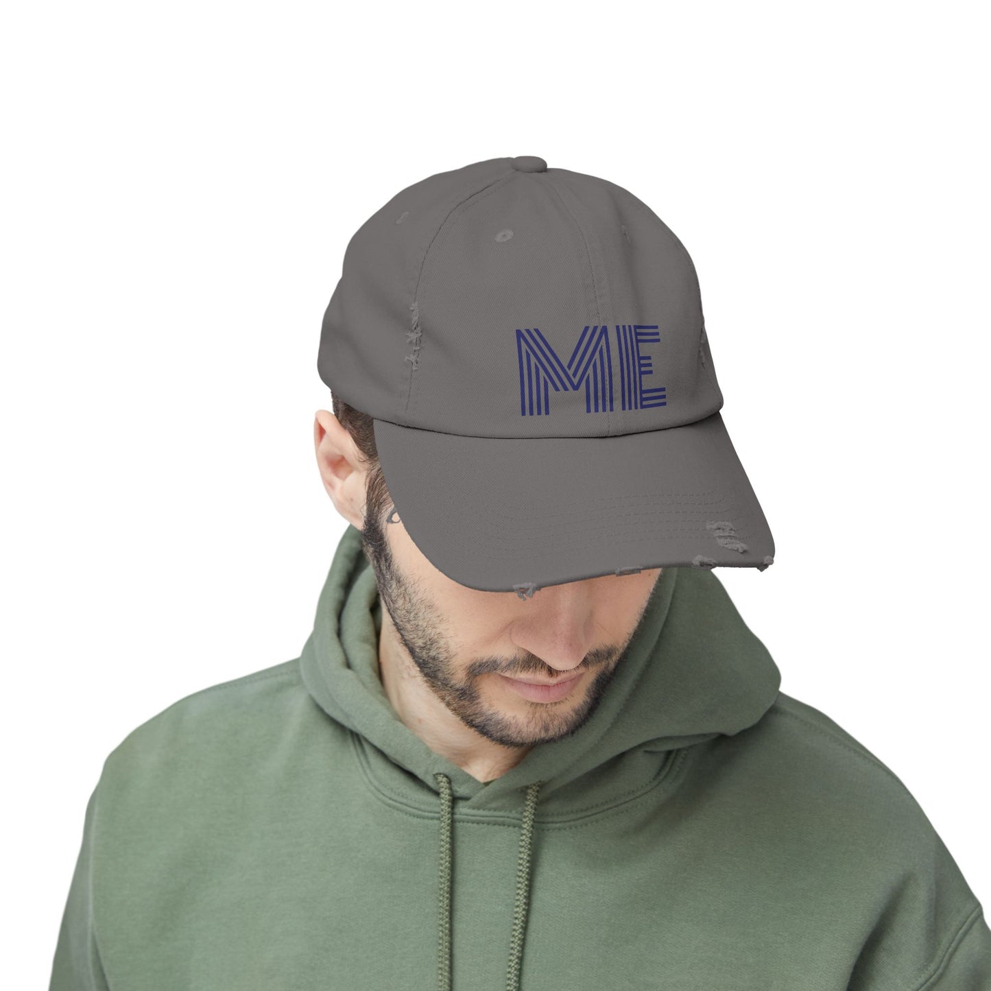 Unisex Distressed Cap – Minimalist “ME” Statement Hat