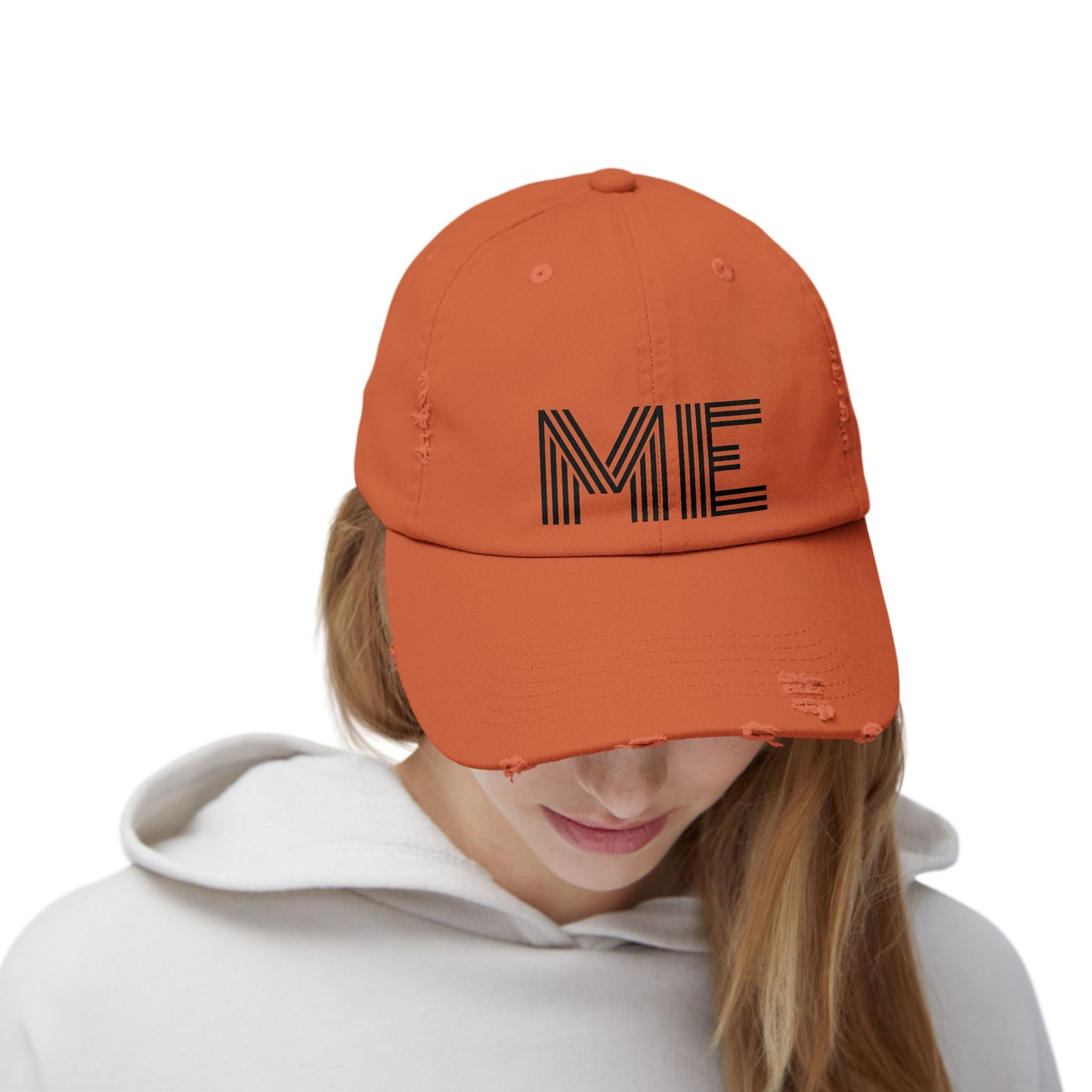 Unisex Distressed Cap – Minimalist “ME” Statement Hat
