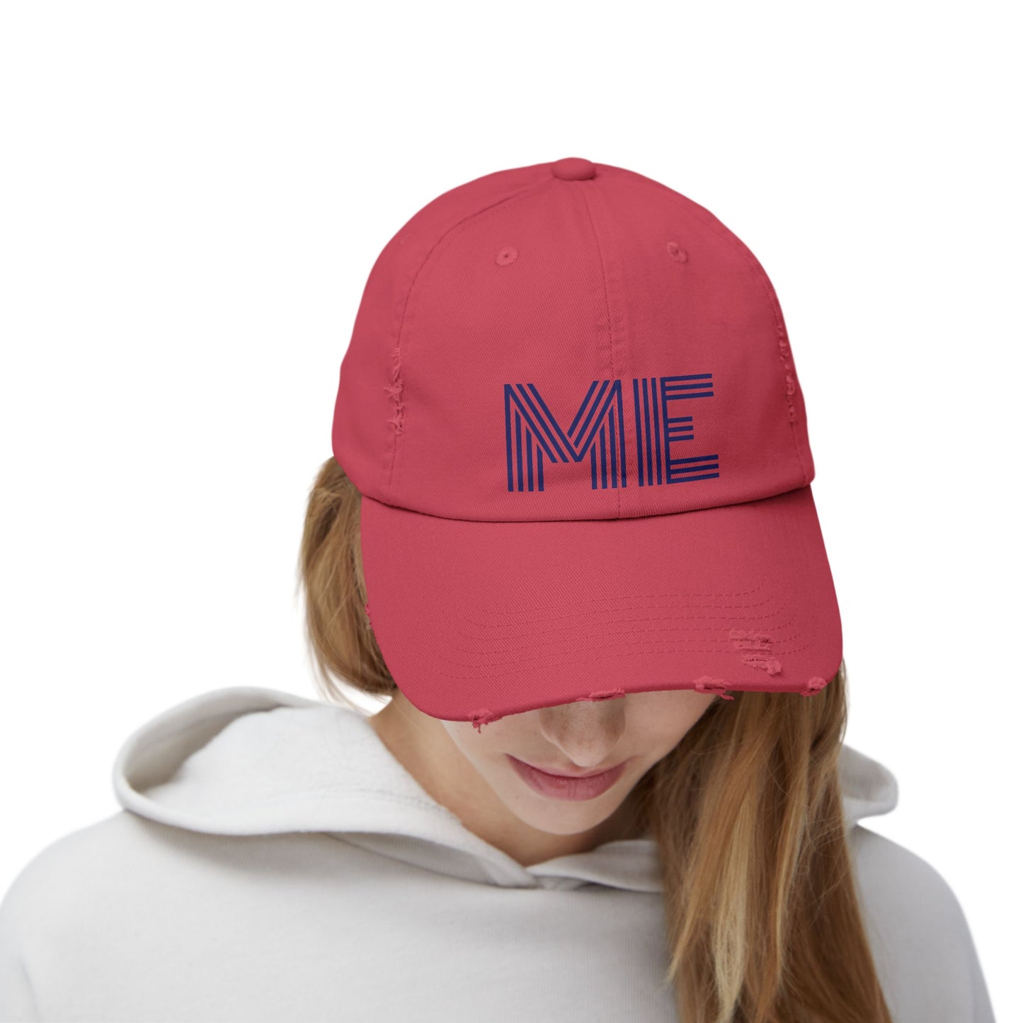 Unisex Distressed Cap – Minimalist “ME” Statement Hat