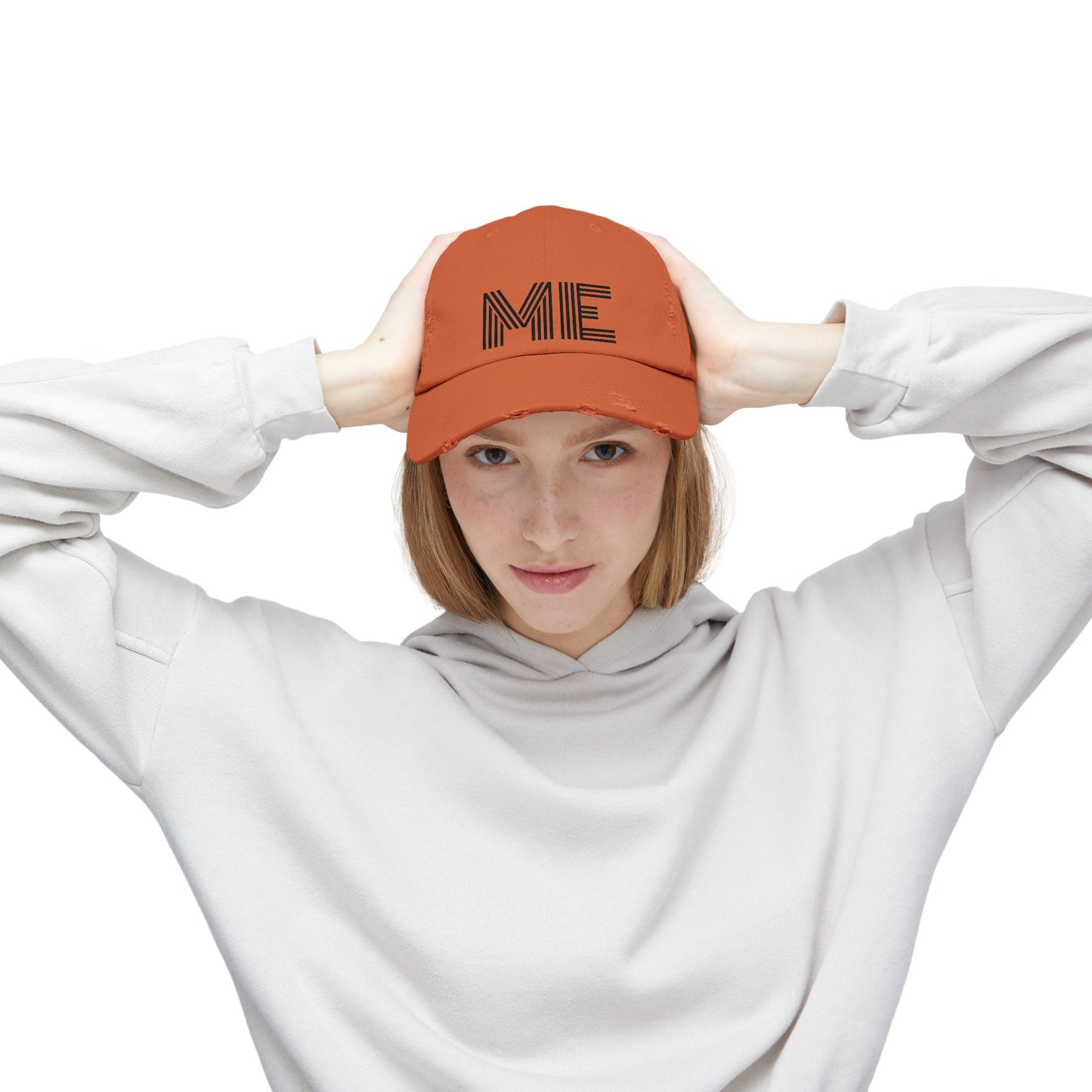 Unisex Distressed Cap – Minimalist “ME” Statement Hat