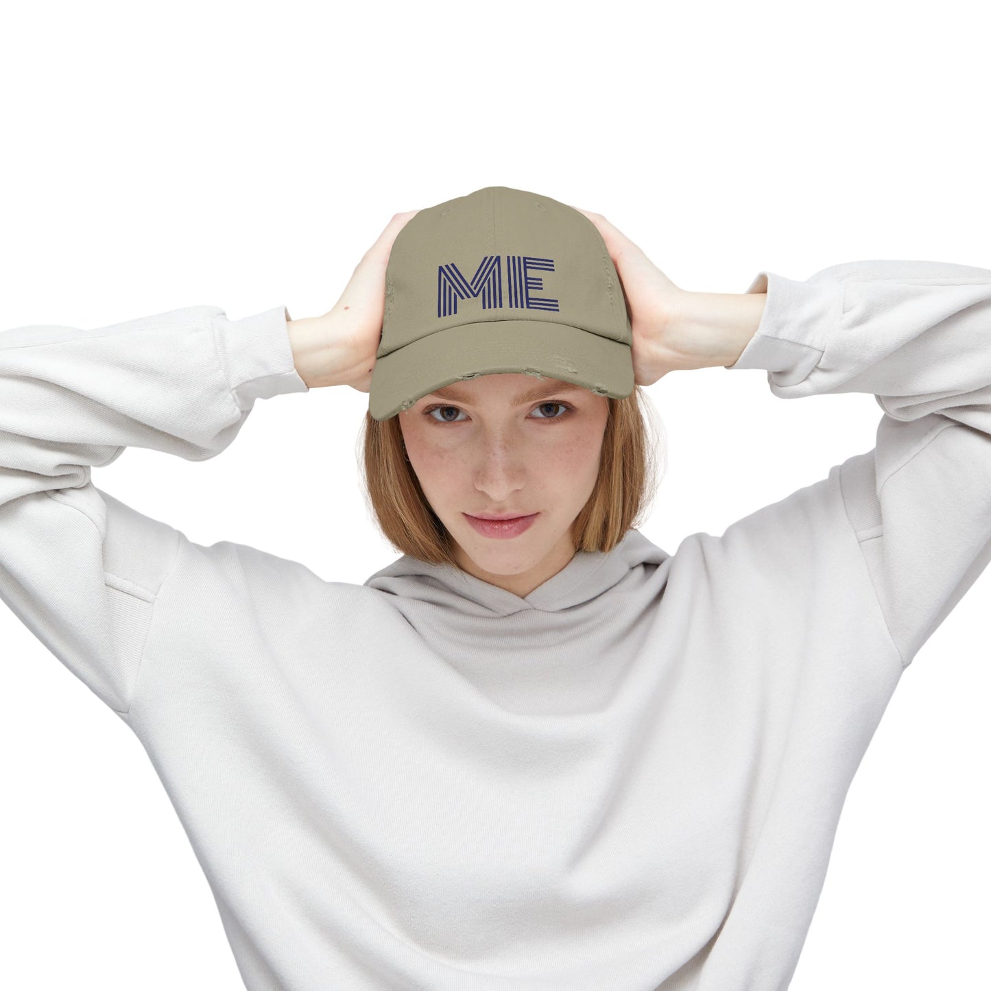 Unisex Distressed Cap – Minimalist “ME” Statement Hat