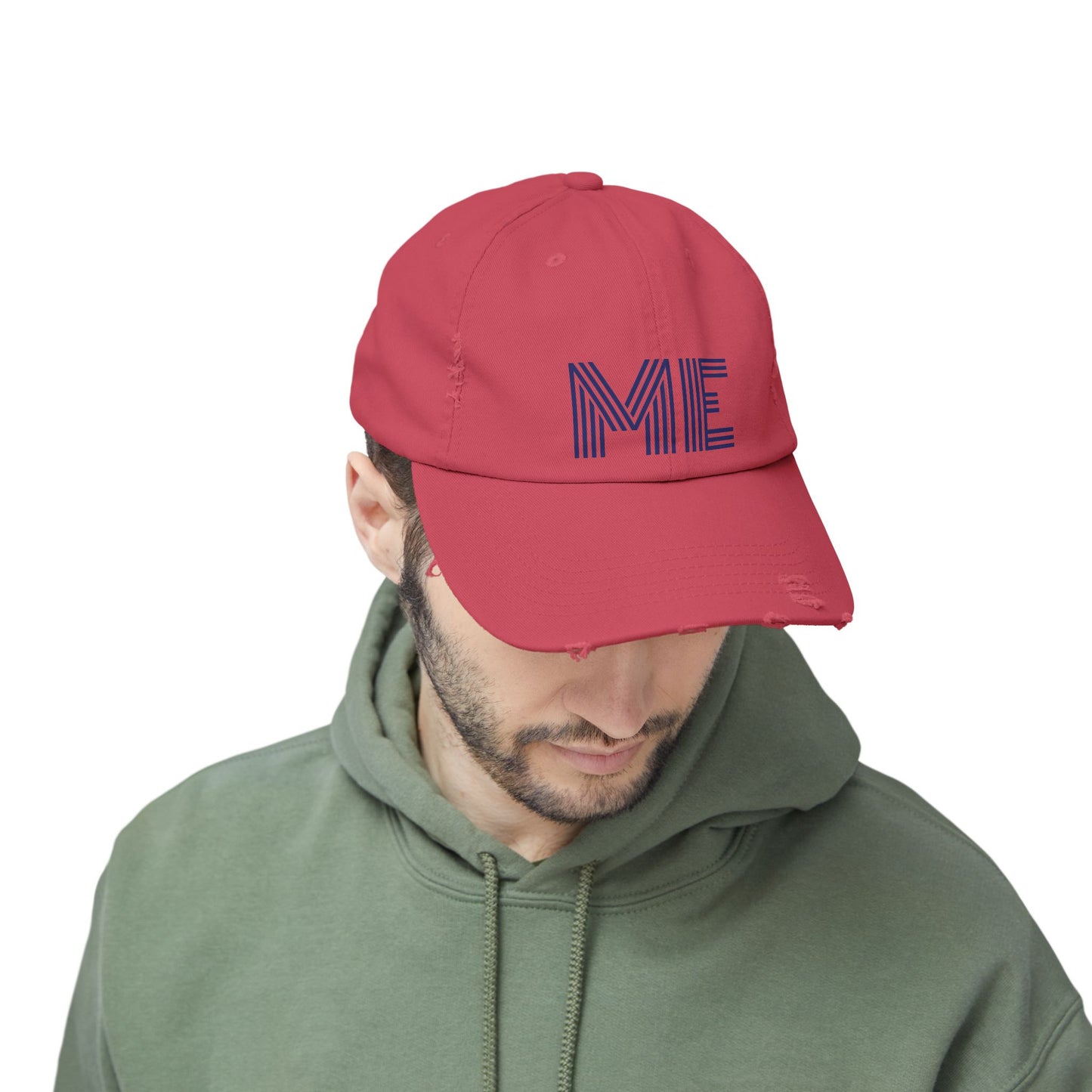 Unisex Distressed Cap – Minimalist “ME” Statement Hat
