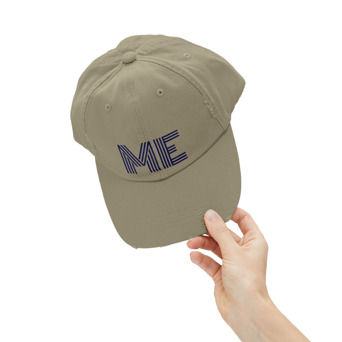 Unisex Distressed Cap – Minimalist “ME” Statement Hat